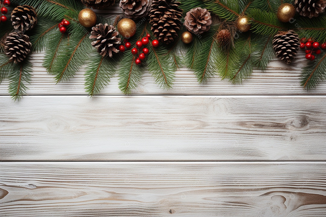 Fundo de Natal com borda de galhos de pinheiro e decorações na mesa de madeira escura