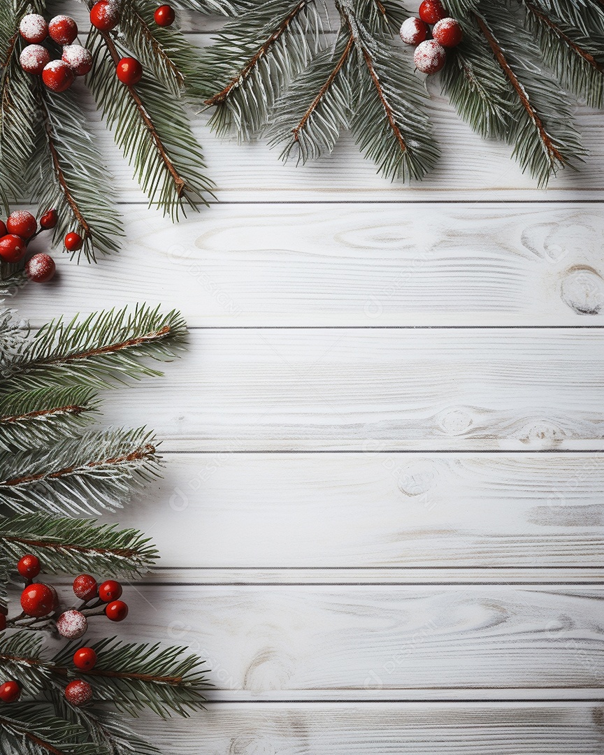 Fundo de Natal com borda de galhos de pinheiro e decorações na mesa de madeira escura