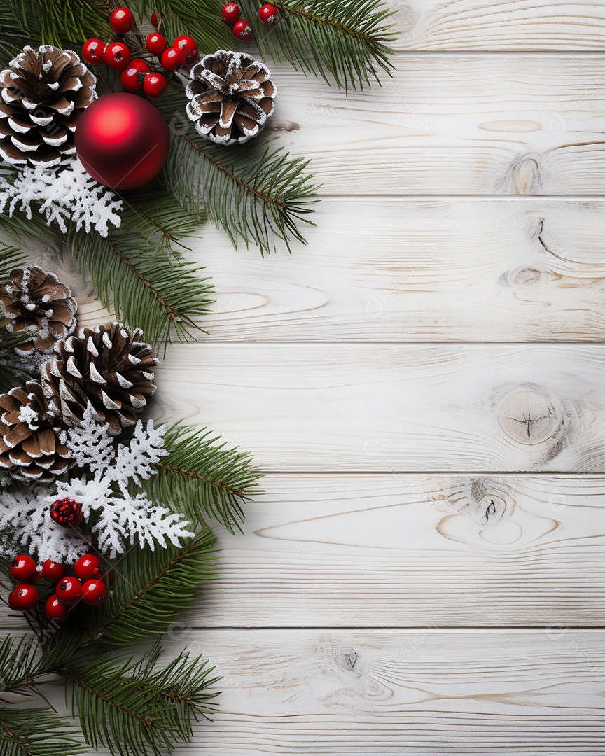 Fundo de Natal com borda de galhos de pinheiro e decorações na mesa de madeira escura