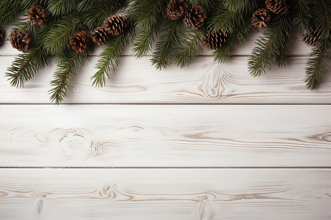 Fundo de Natal com borda de galhos de pinheiro e decorações na mesa de madeira escura