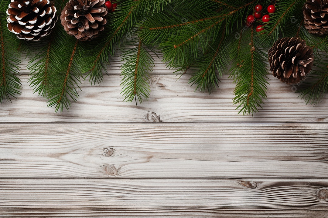 Fundo de Natal com borda de galhos de pinheiro e decorações na mesa de madeira escura