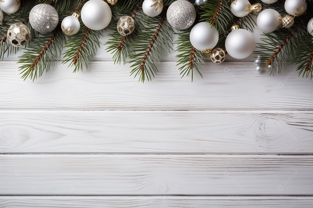 Fundo de Natal com borda de galhos de pinheiro e decorações na mesa de madeira escura