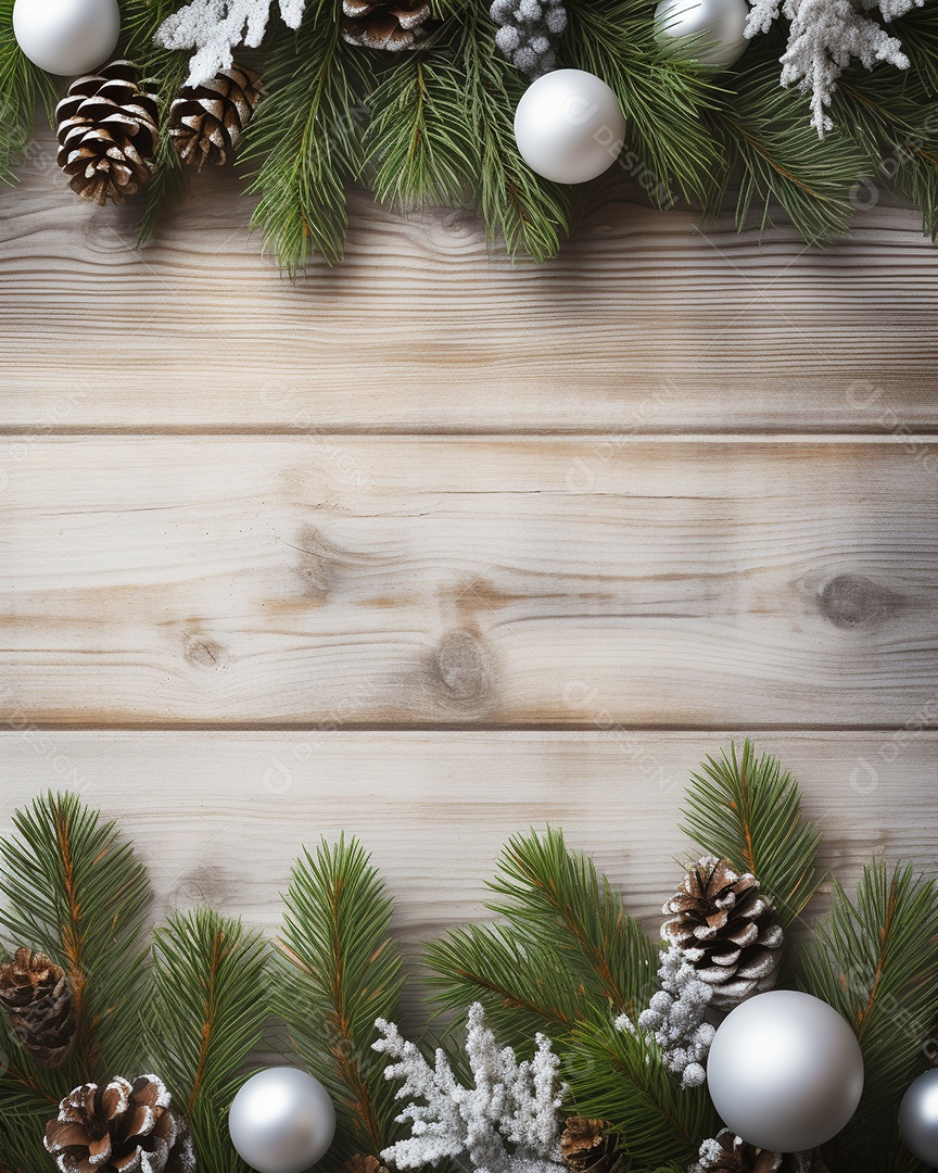 Fundo de Natal com borda de galhos de pinheiro e decorações na mesa de madeira escura