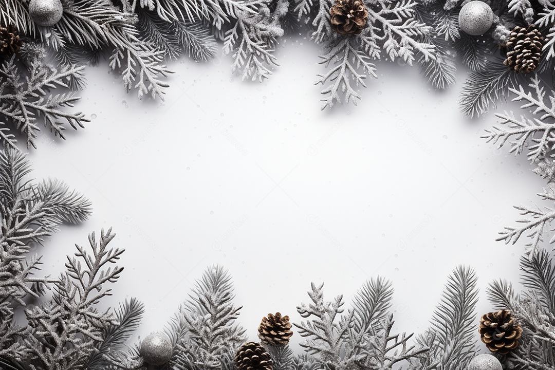 Fundo de Natal com borda de galhos de pinheiro e decorações na mesa de madeira escura