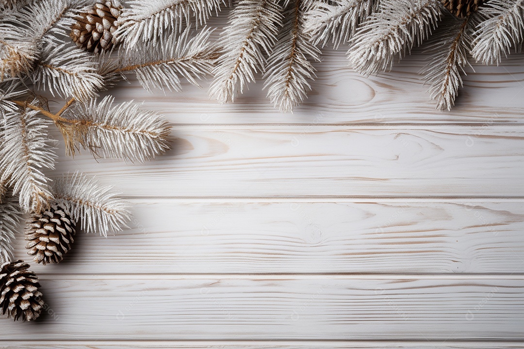 Fundo de Natal com borda de galhos de pinheiro e decorações na mesa de madeira escura