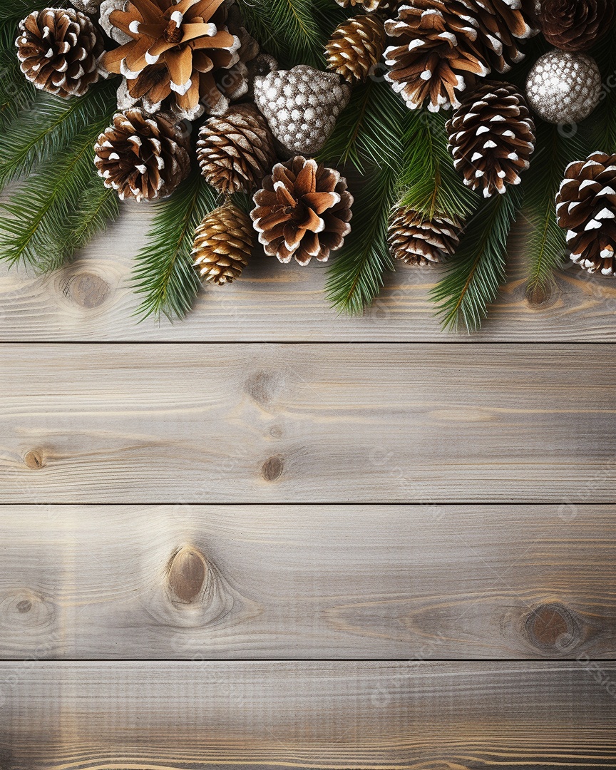 Fundo de Natal com borda de galhos de pinheiro e decorações na mesa de madeira escura