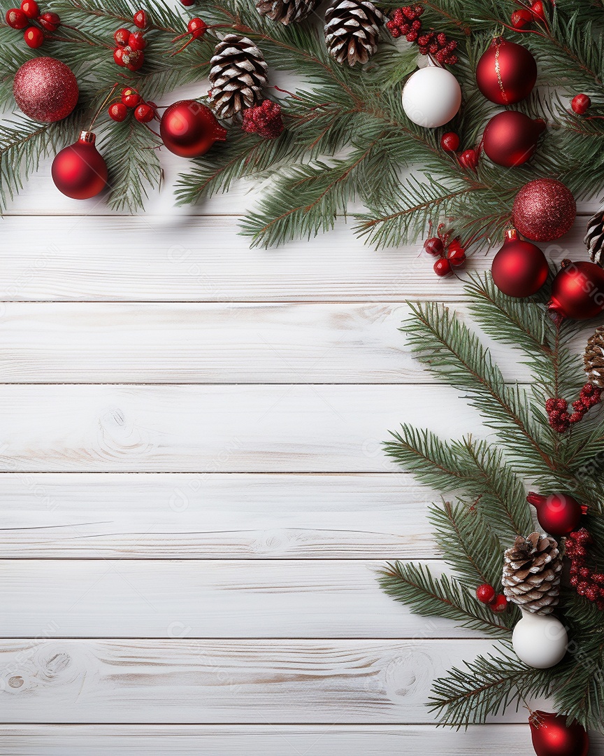 Fundo de Natal com borda de galhos de pinheiro e decorações na mesa de madeira escura