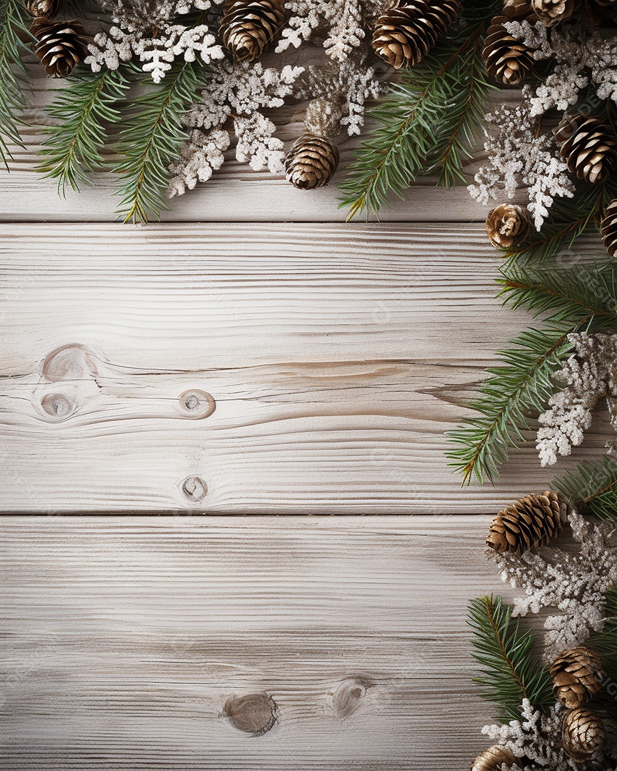 Fundo de Natal com borda de galhos de pinheiro e decorações na mesa de madeira escura