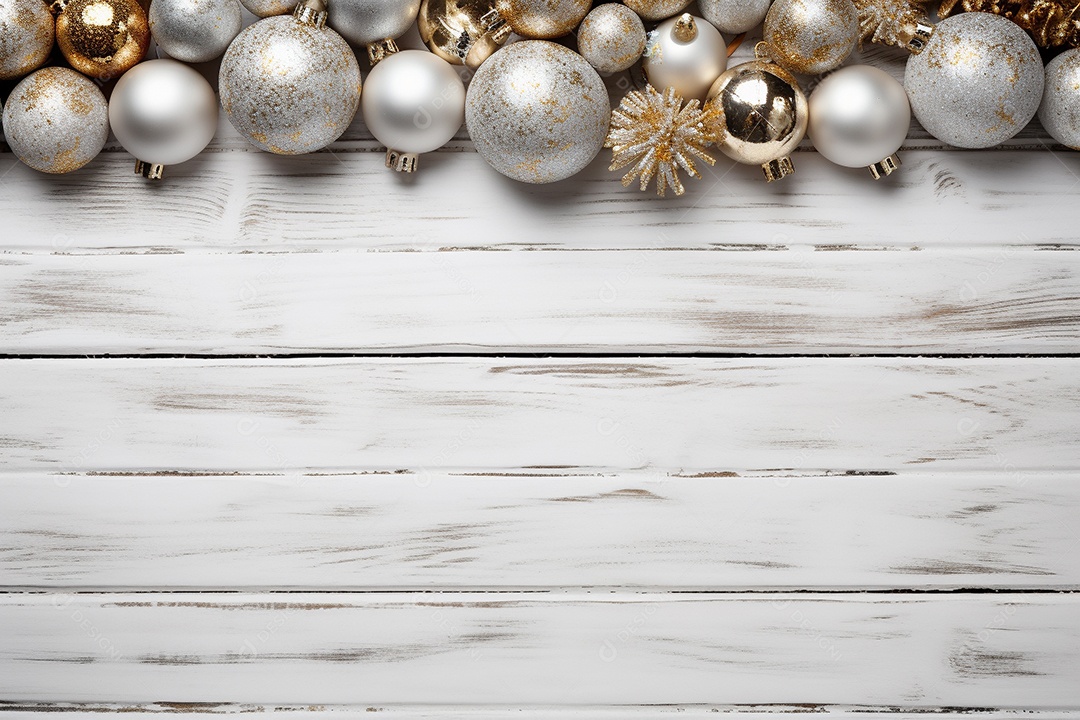 Fundo de Natal com borda de galhos de pinheiro e decorações na mesa de madeira escura