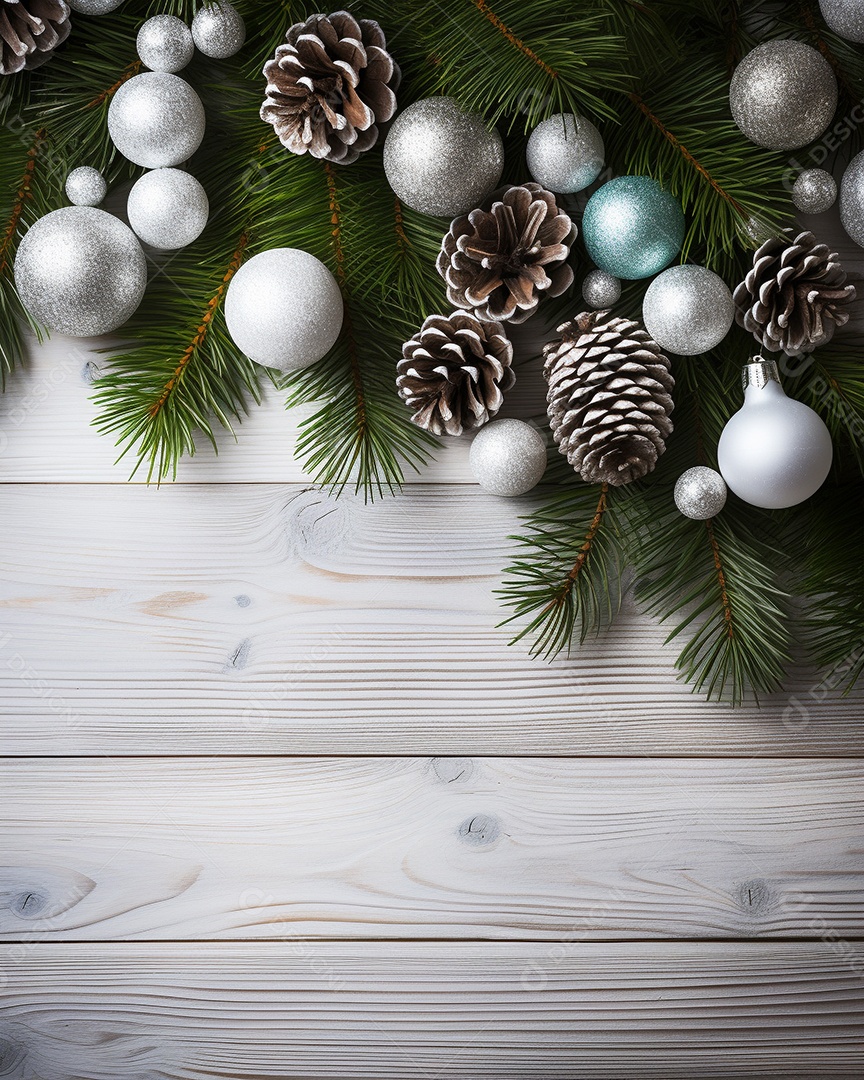 Fundo de Natal com borda de galhos de pinheiro e decorações na mesa de madeira escura