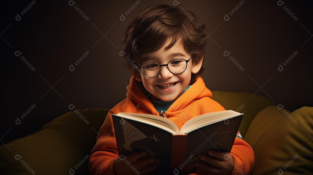Criança feliz lendo um livro