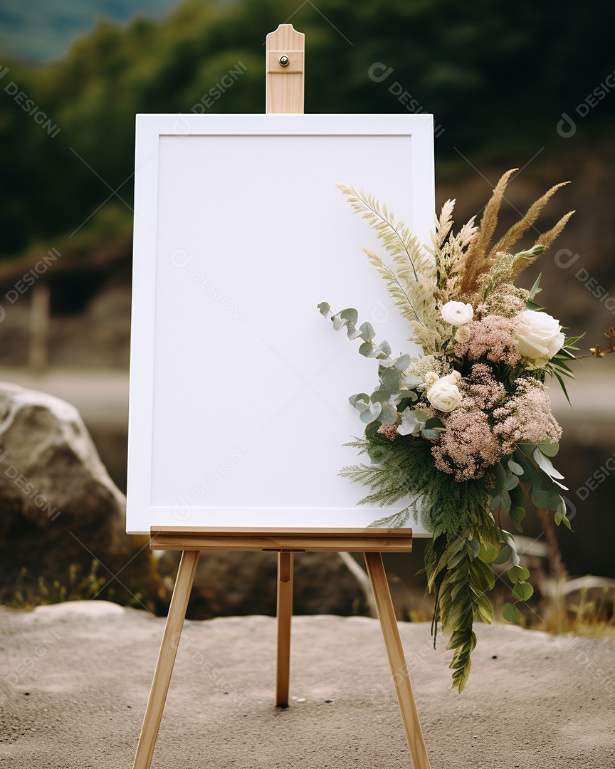 Cartaz vazio no cavalete na cerimônia de casamento estilo boho