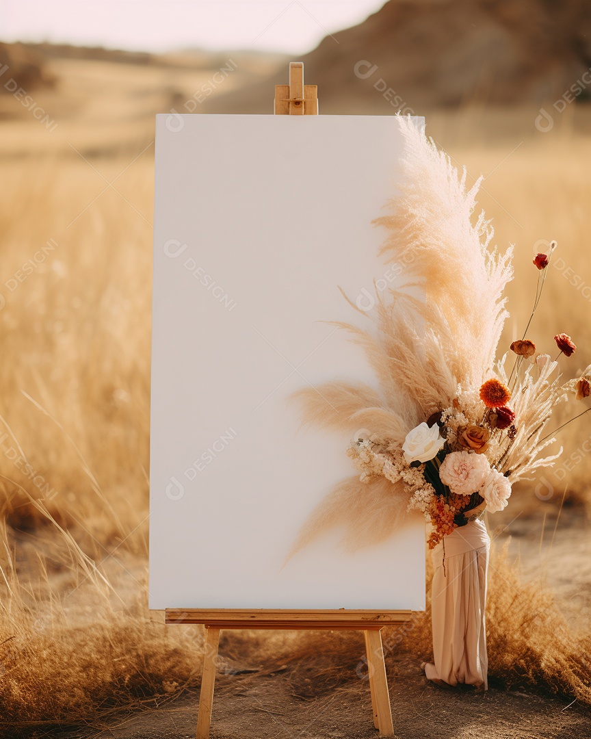 Cartaz vazio no cavalete na cerimônia de casamento estilo boho