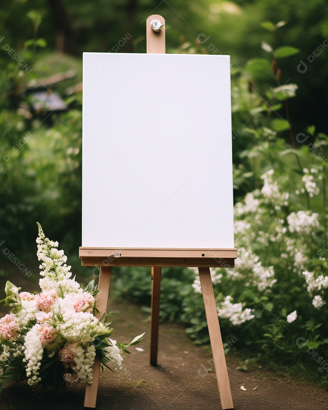 Cartaz vazio no cavalete na cerimônia de casamento estilo boho