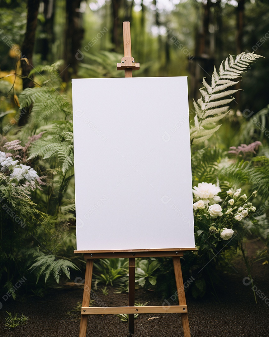 Cartaz vazio no cavalete na cerimônia de casamento estilo boho