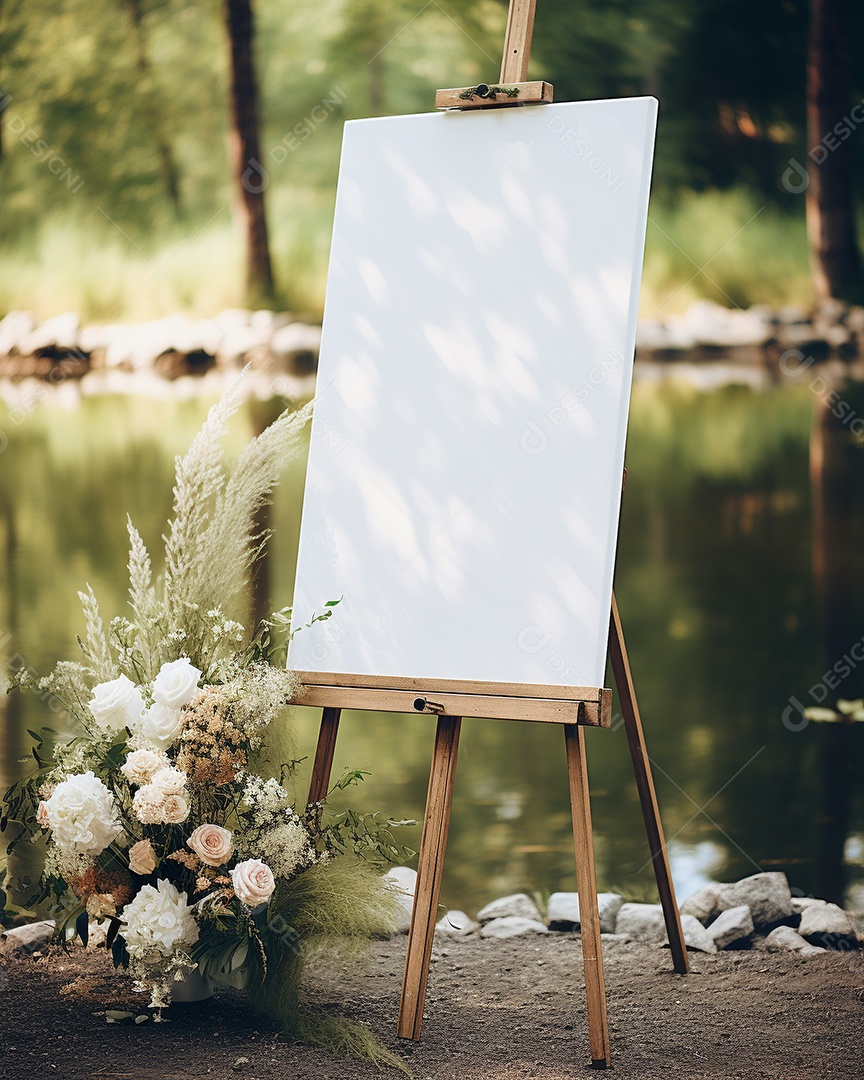 Cartaz vazio no cavalete na cerimônia de casamento estilo boho