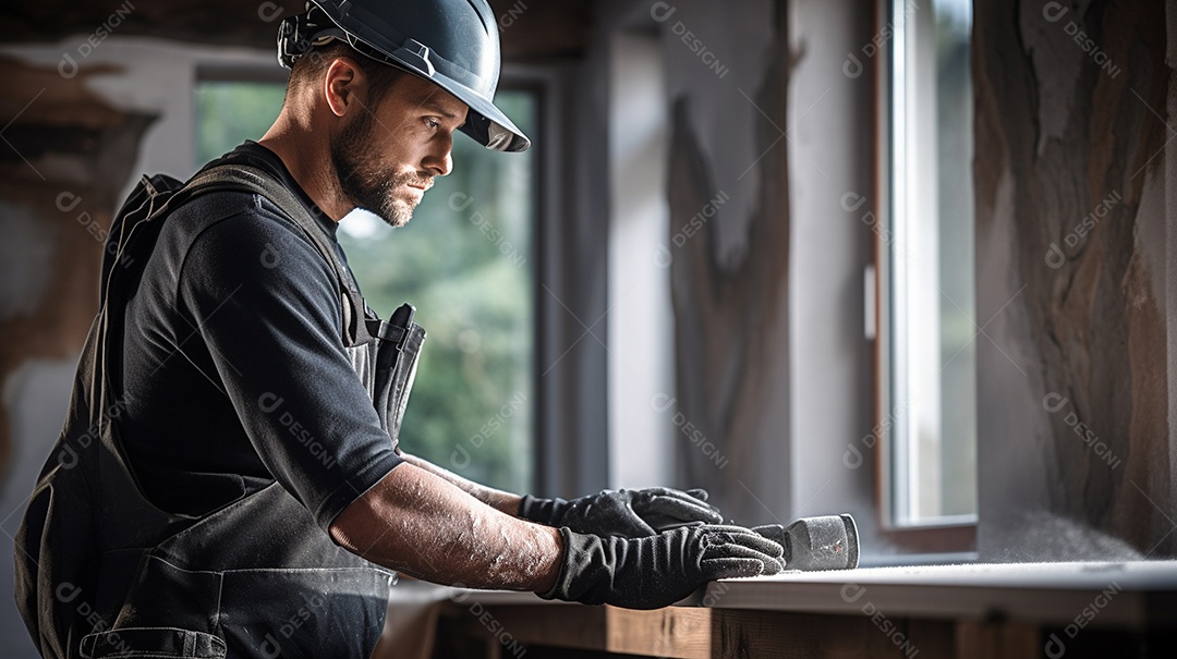 Homem trabalhando como taper no canteiro de obras de uma casa de luxo