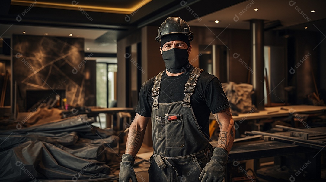 Homem trabalhando como taper no canteiro de obras de uma casa de luxo