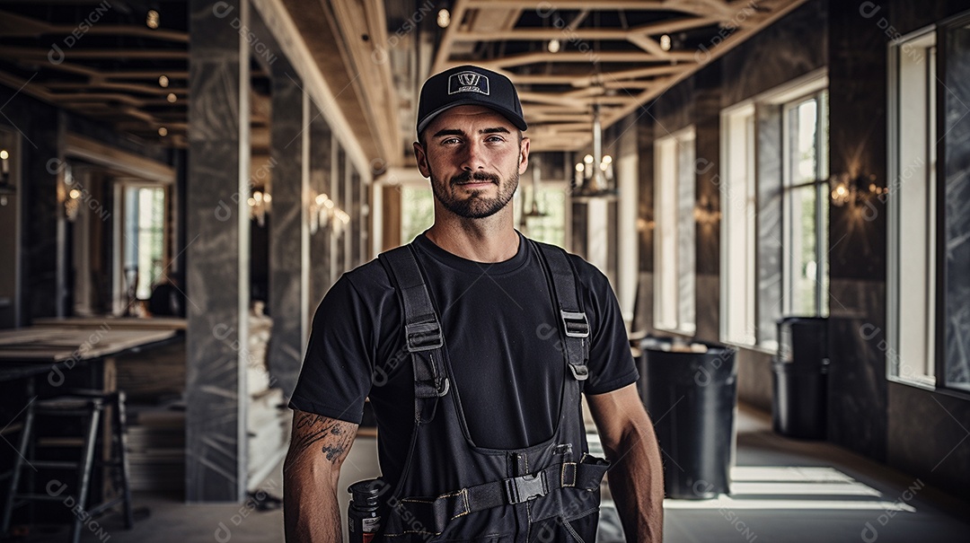 Homem trabalhando como taper no canteiro de obras de uma casa de luxo