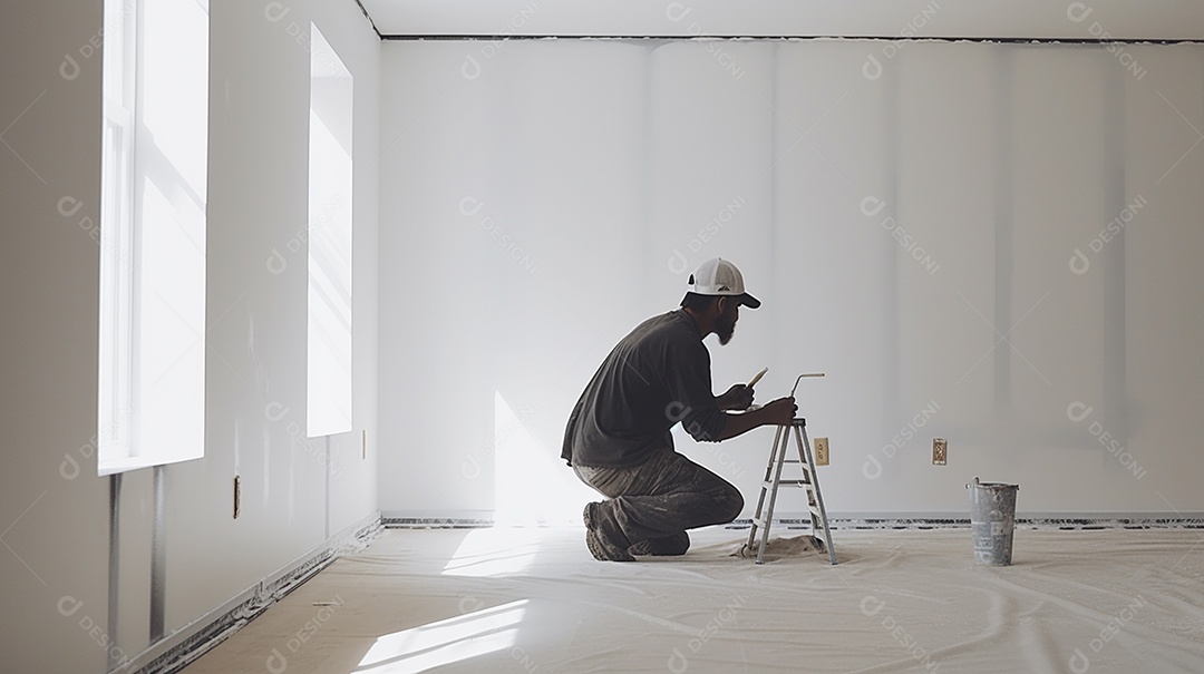 Homem trabalhando como taper no canteiro de obras de uma casa de luxo