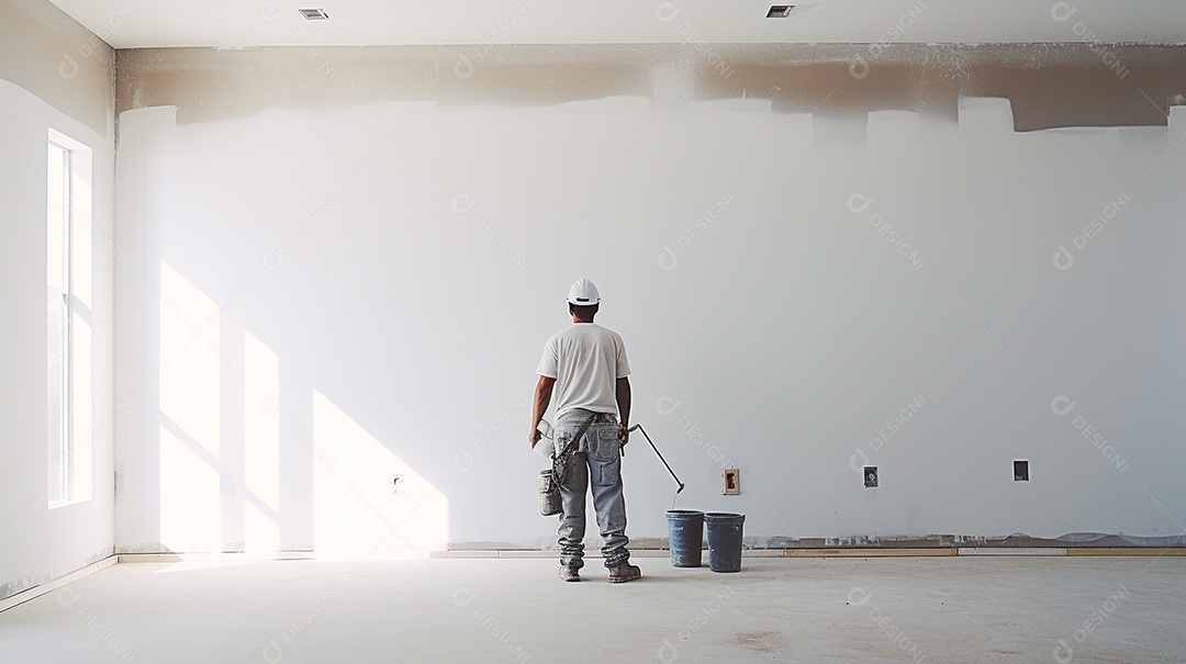 Homem trabalhando como taper no canteiro de obras de uma casa de luxo