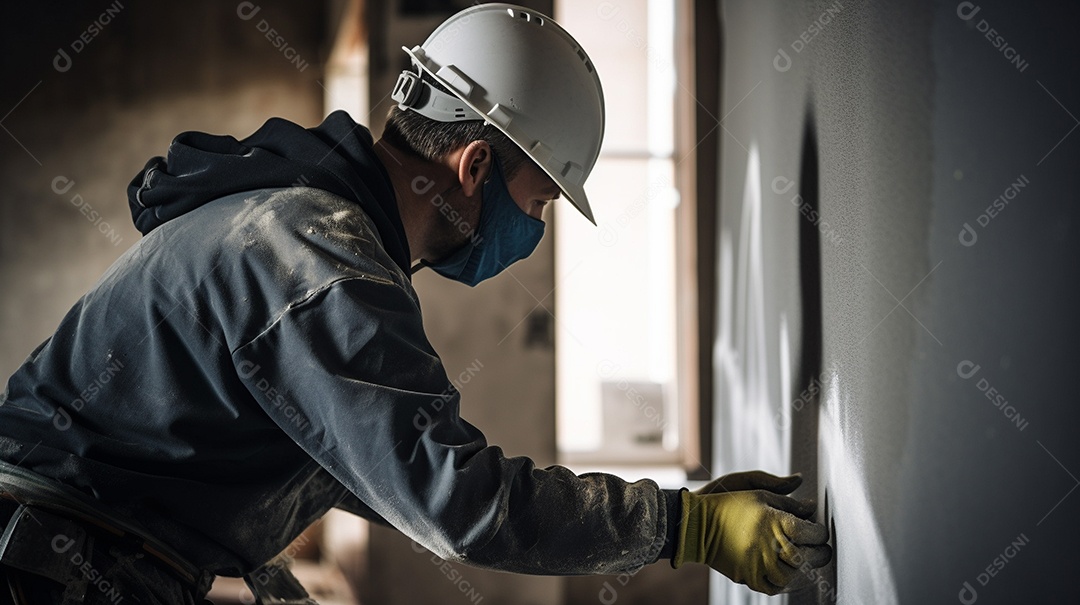 Homem trabalhando como taper no canteiro de obras de uma casa de luxo