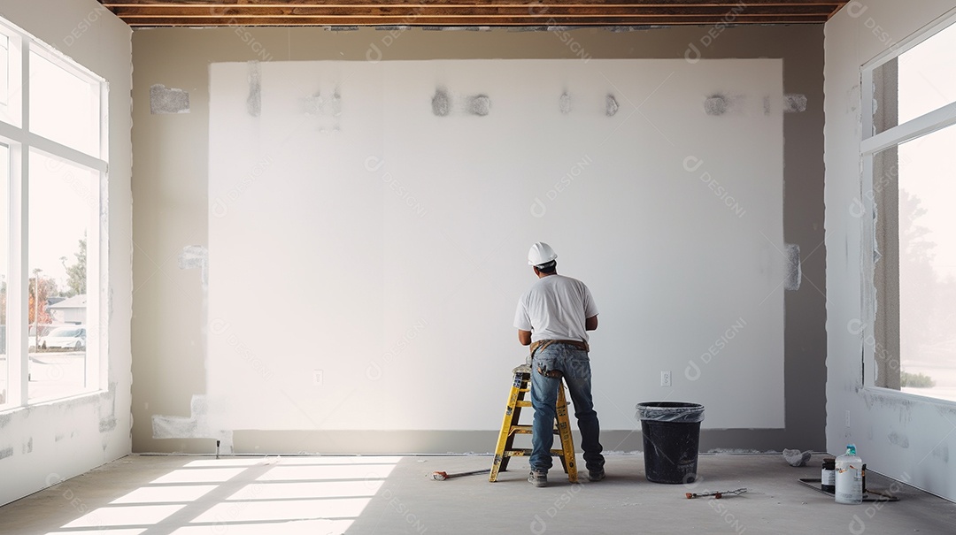 Homem trabalhando como taper no canteiro de obras de uma casa de luxo