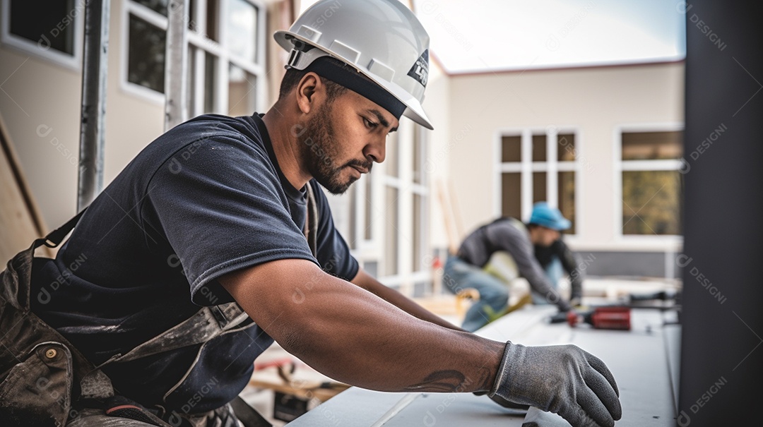 Homem trabalhando como taper no canteiro de obras de uma casa de luxo