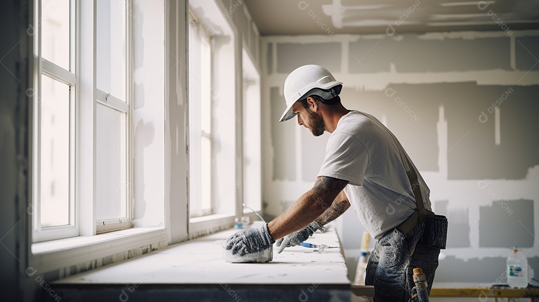 Homem trabalhando como taper no canteiro de obras de uma casa de luxo