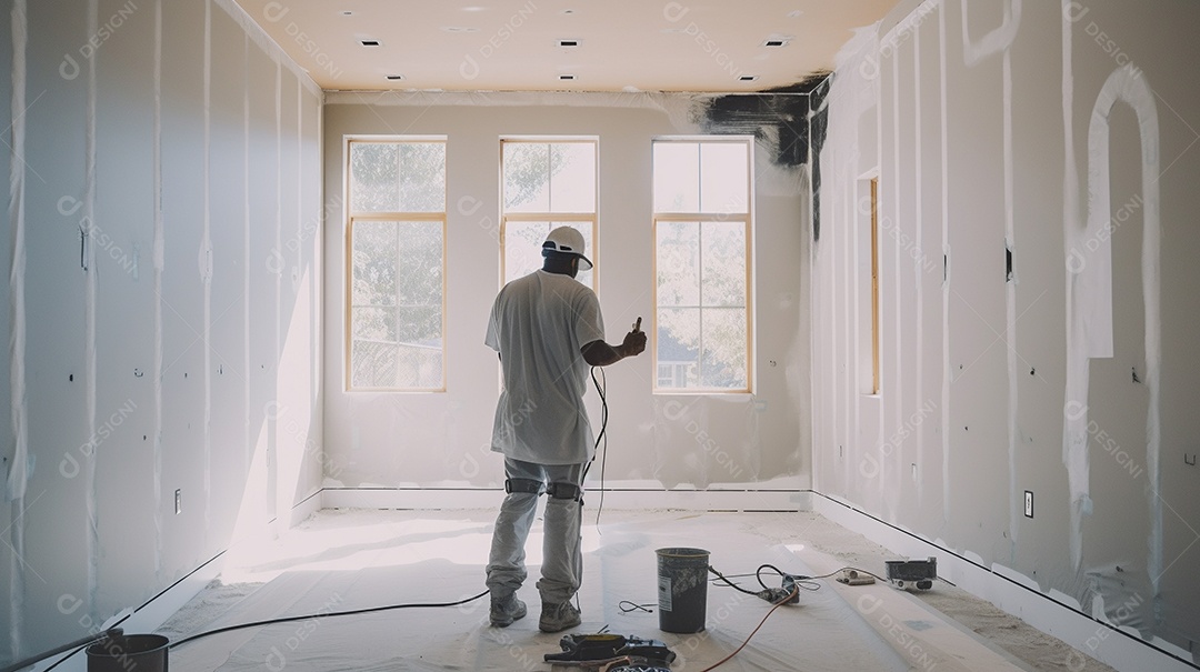 Homem trabalhando como taper no canteiro de obras de uma casa de luxo