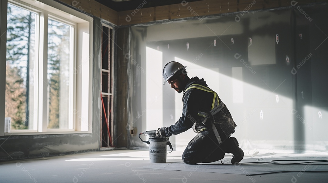 Homem trabalhando como taper no canteiro de obras de uma casa de luxo