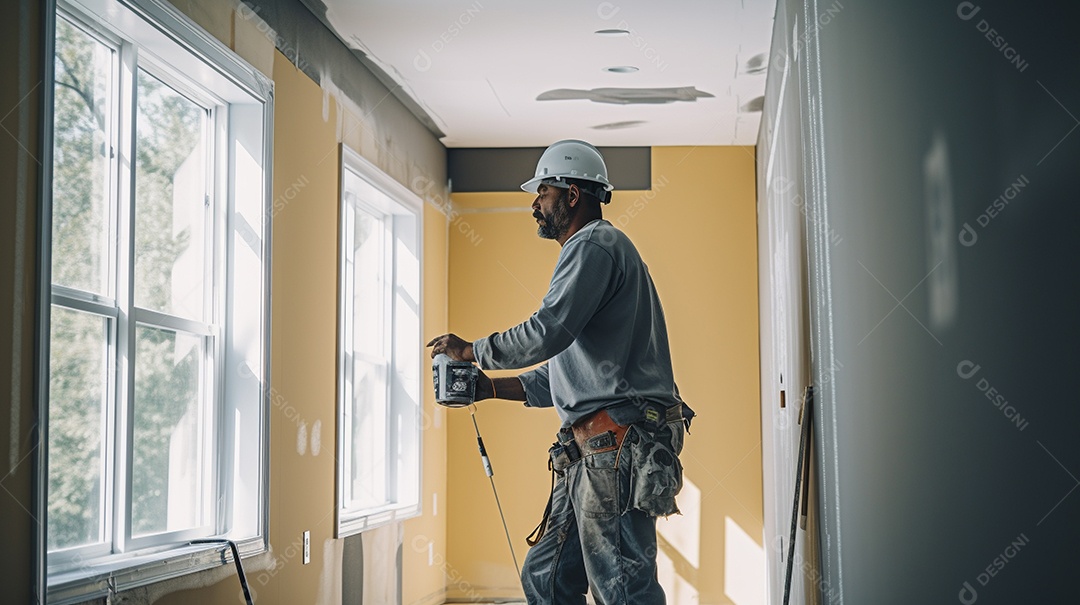 Homem trabalhando como taper no canteiro de obras de uma casa de luxo