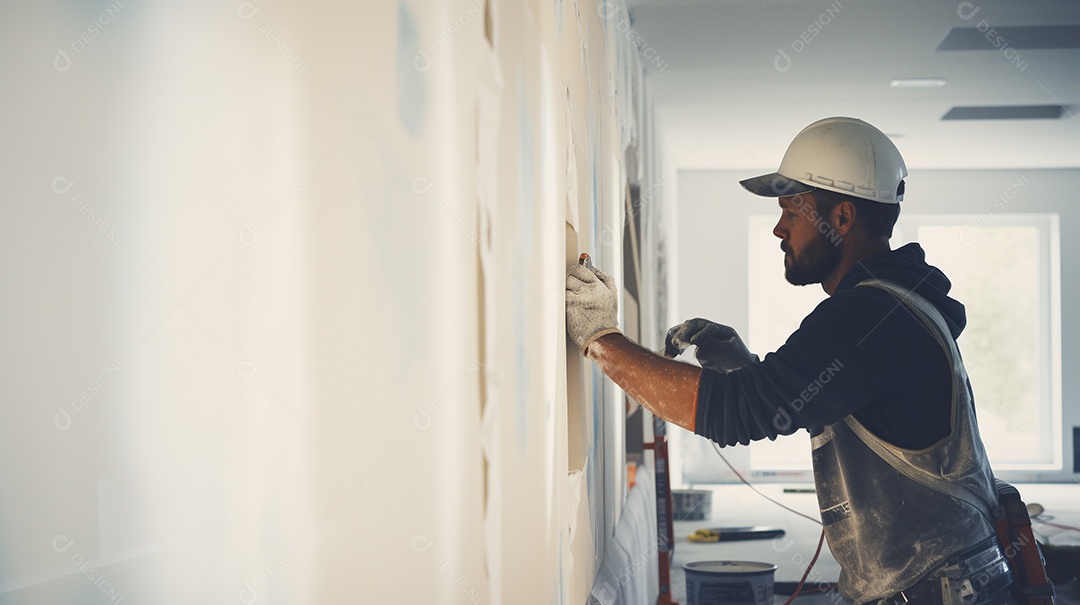 Homem trabalhando como taper no canteiro de obras de uma casa de luxo