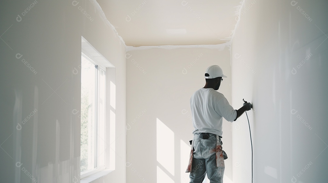 Homem trabalhando como taper no canteiro de obras de uma casa de luxo