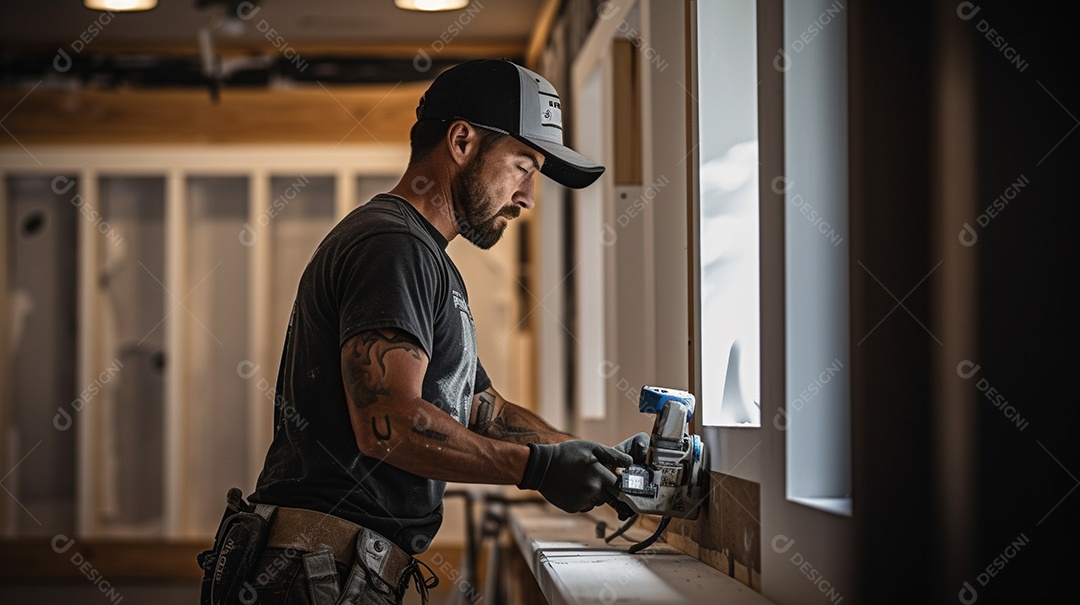 Homem trabalhando como taper no canteiro de obras de uma casa de luxo
