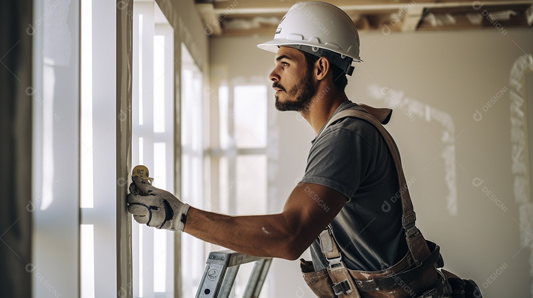 Homem trabalhando como taper no canteiro de obras de uma casa de luxo