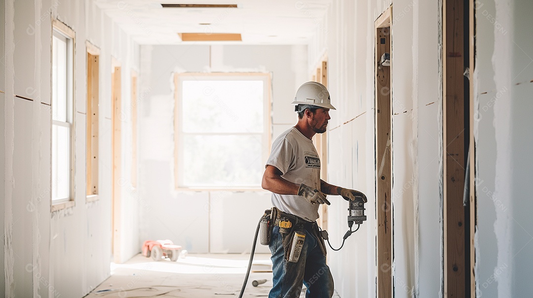 Homem trabalhando como taper no canteiro de obras de uma casa de luxo