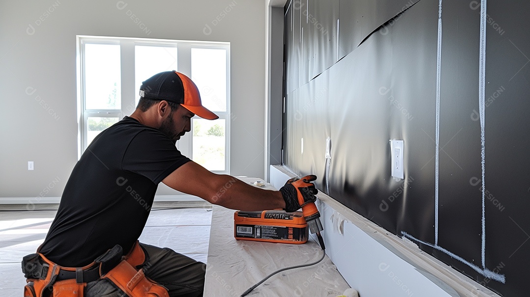 Homem trabalhando como taper no canteiro de obras de uma casa de luxo