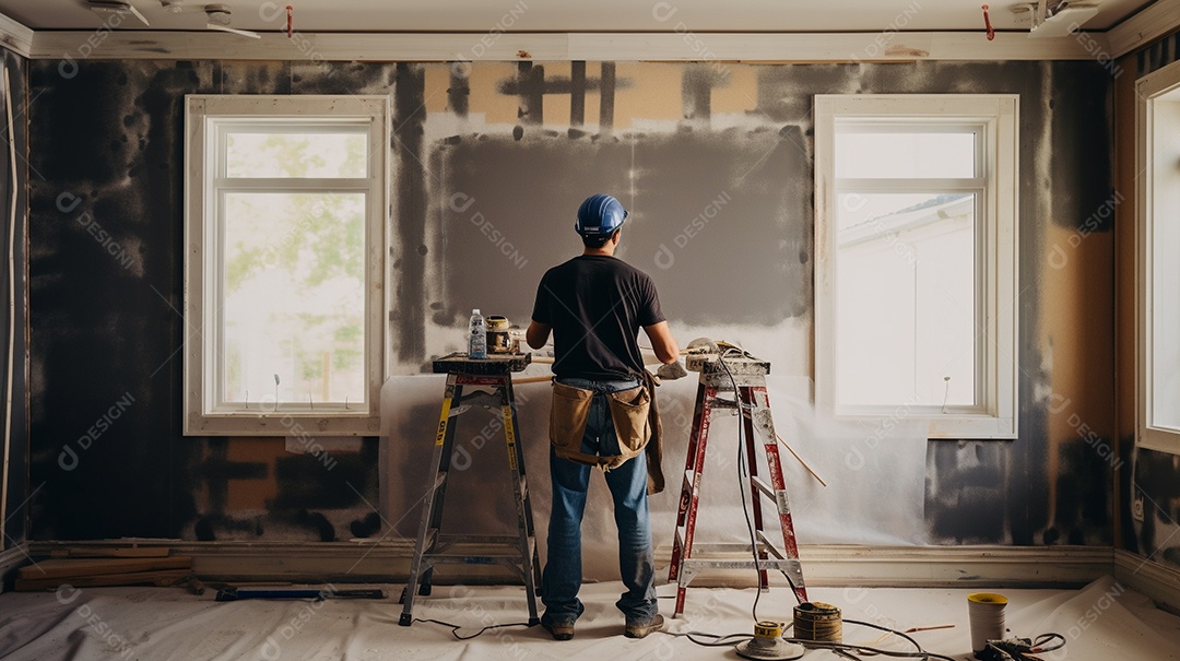 Homem trabalhando como taper no canteiro de obras de uma casa de luxo