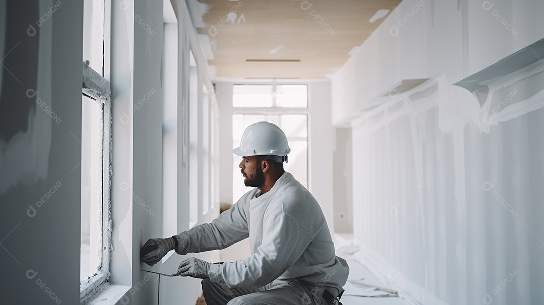 Homem trabalhando como taper no canteiro de obras de uma casa de luxo