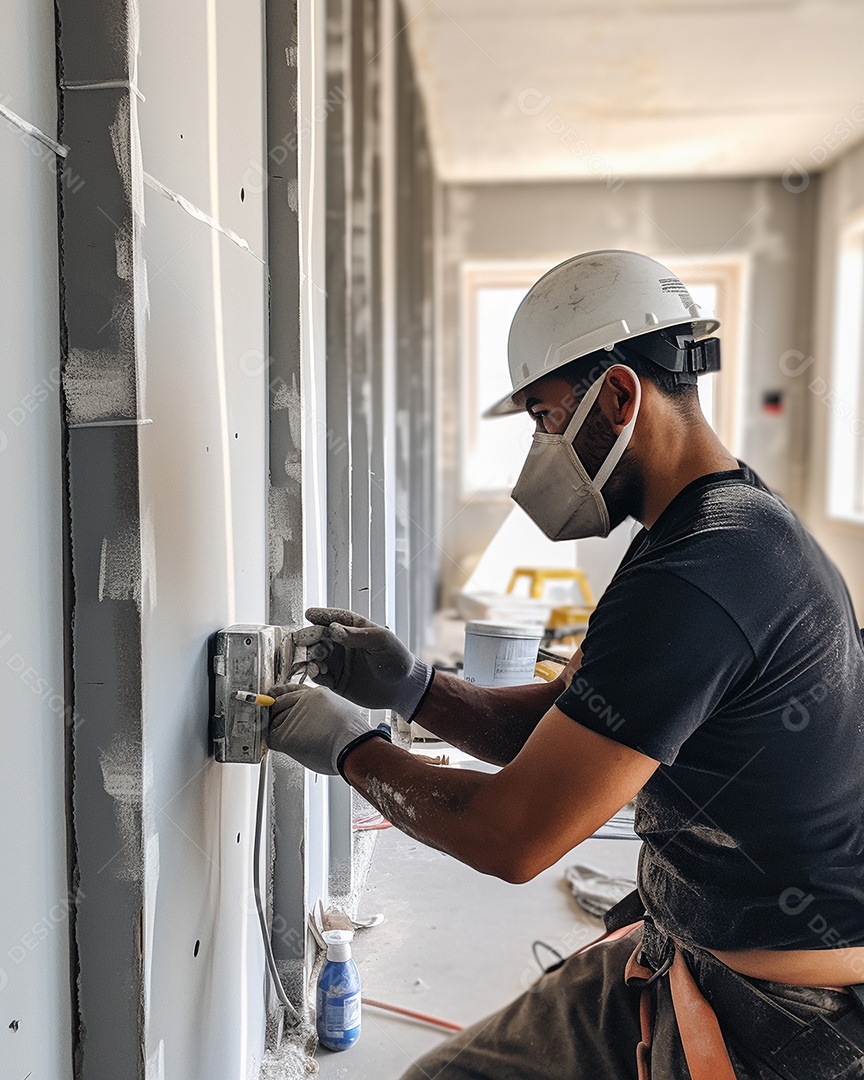 Homem trabalhando como taper no canteiro de obras de uma casa de luxo