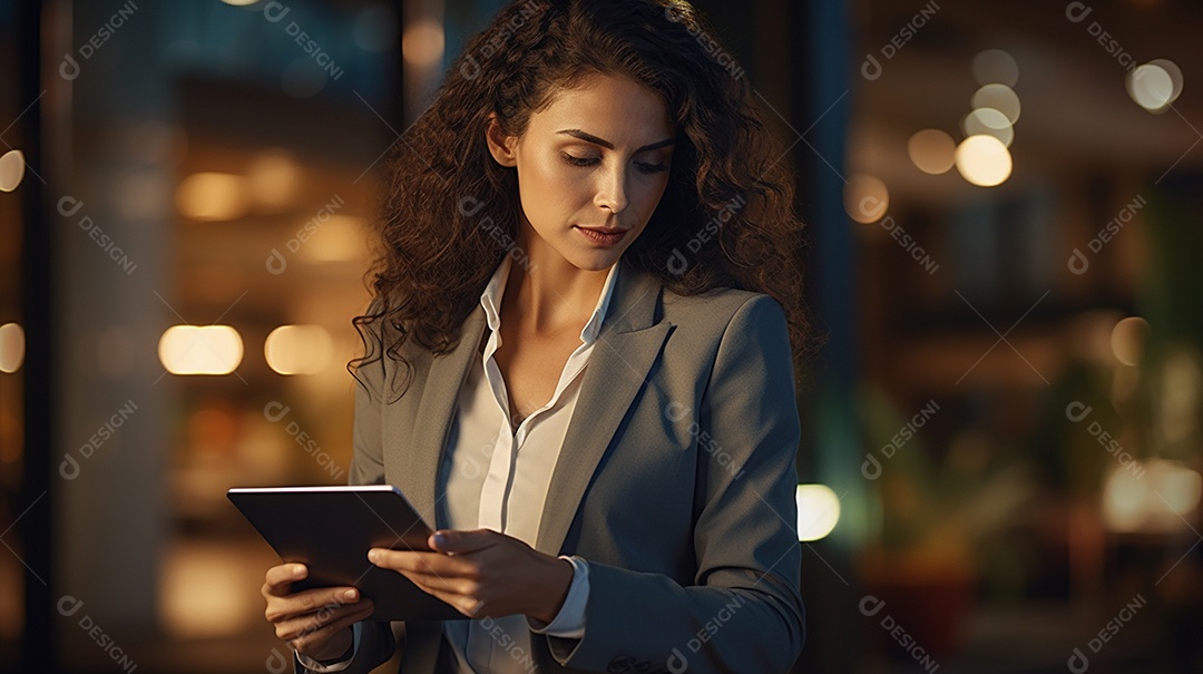 Empresária profissional revisando detalhes do projeto em um tablet digital