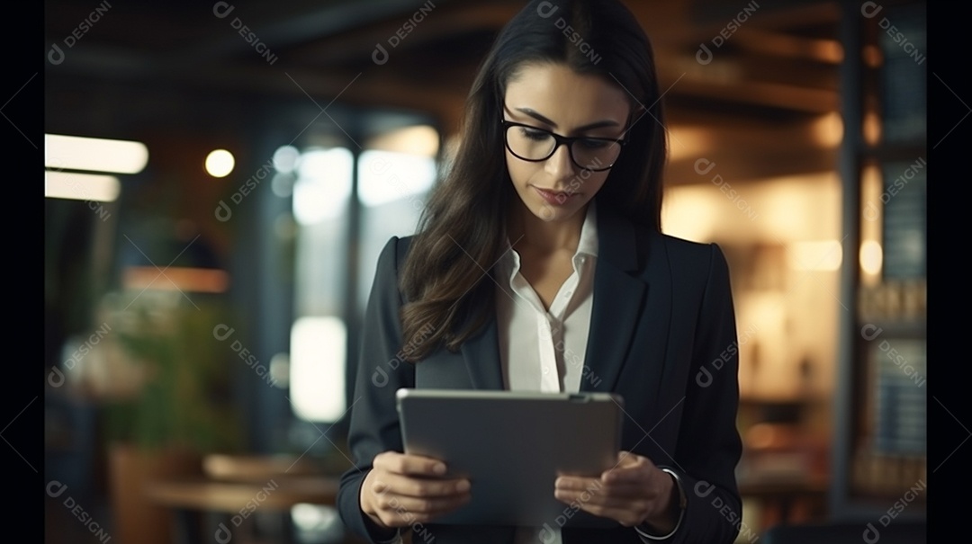 Empresária profissional revisando detalhes do projeto em um tablet digital