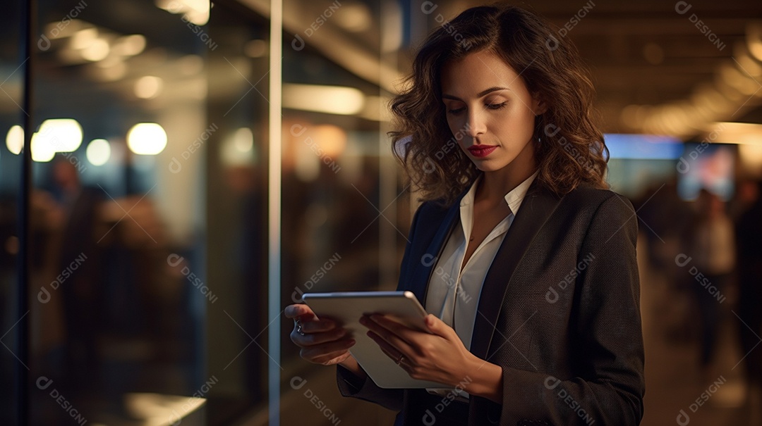 Empresária profissional revisando detalhes do projeto em um tablet digital