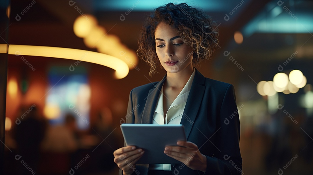 Empresária profissional revisando detalhes do projeto em um tablet digital