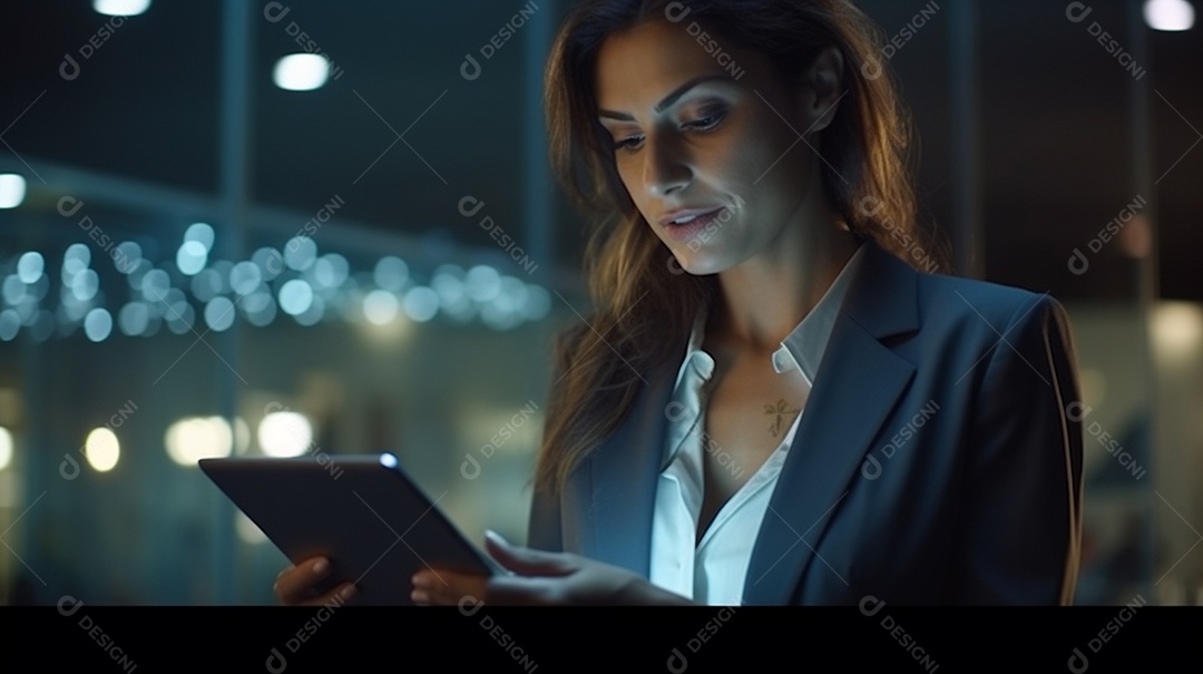 Empresária profissional revisando detalhes do projeto em um tablet digital