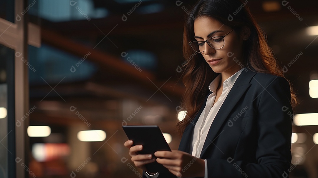 Empresária profissional revisando detalhes do projeto em um tablet digital