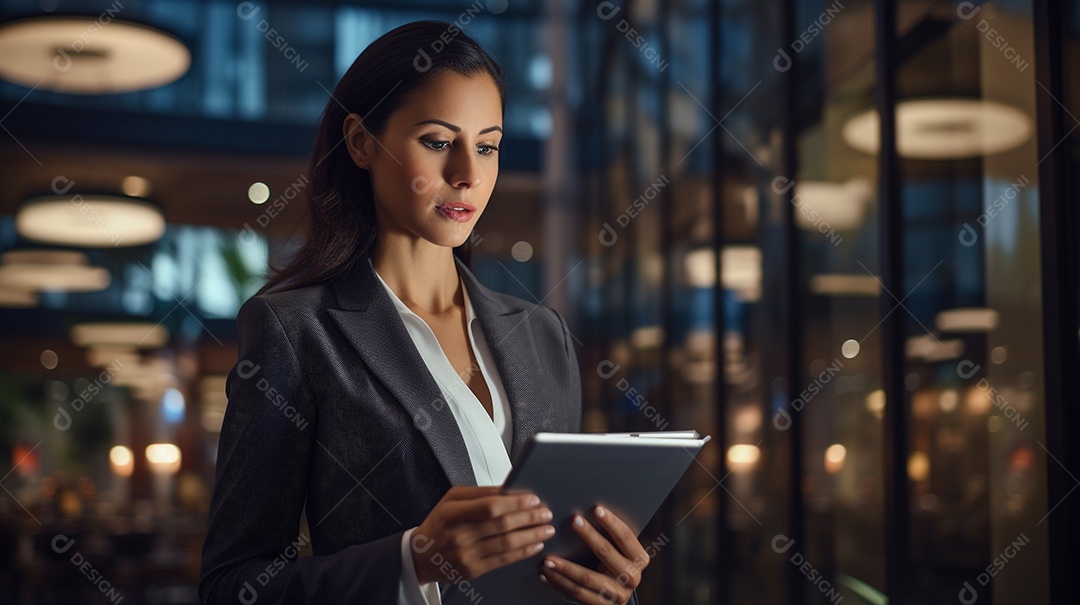 Empresária profissional revisando detalhes do projeto em um tablet digital
