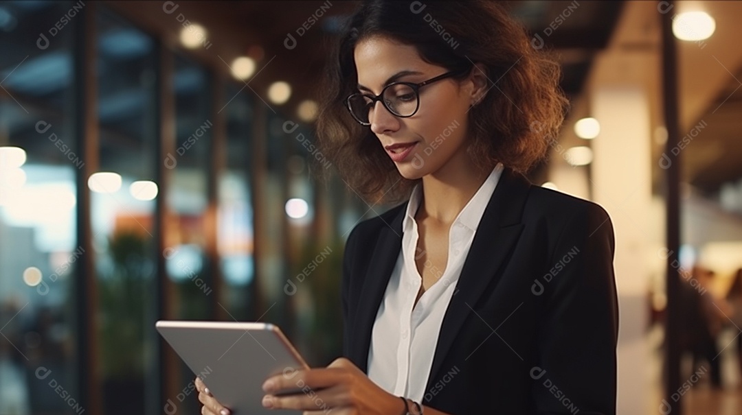 Empresária profissional revisando detalhes do projeto em um tablet digital