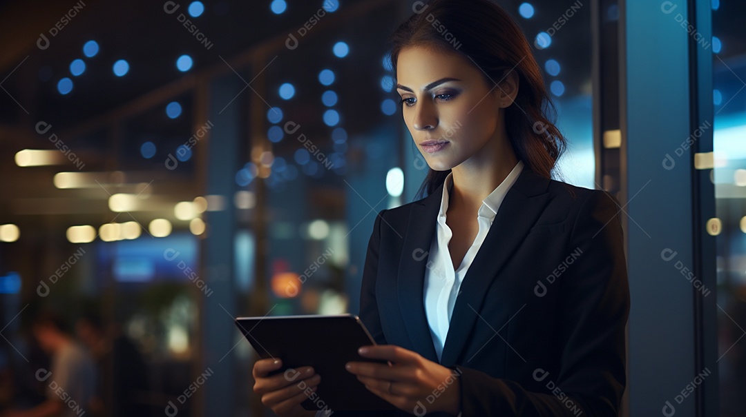 Empresária profissional revisando detalhes do projeto em um tablet digital